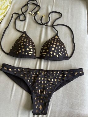 Chocolate brown & Gold Laser Cut Triangle Bikini Set by Calzedonia